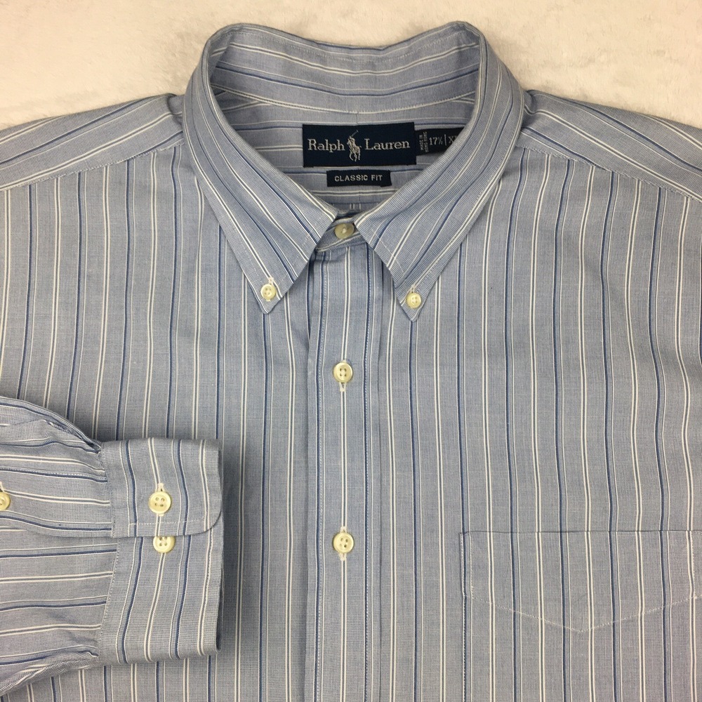 Ralph Lauren Shirt Men's 17.5 XL Blue/White Stripes Classic Fit Long Sleeves